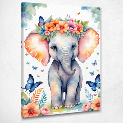 Quadro Per Nursery Decorazione Bimba Cucciolo Di Elefante Con Fiori E Farfalle  banb39 quadro stampato su tela