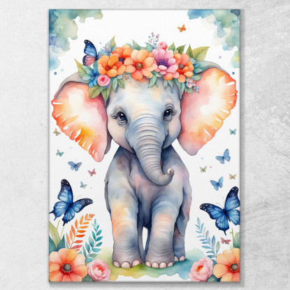 Quadro Per Nursery Decorazione Bimba Cucciolo Di Elefante Con Fiori E Farfalle  banb39 quadro stampato su tela