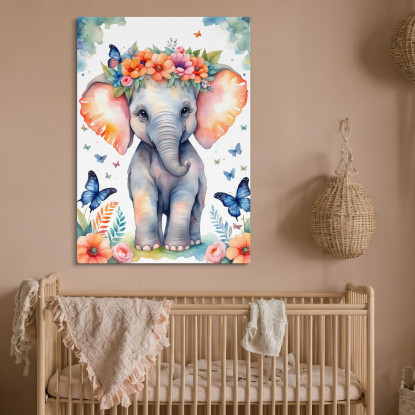 Quadro Per Nursery Decorazione Bimba Cucciolo Di Elefante Con Fiori E Farfalle  banb39 quadro stampato su tela