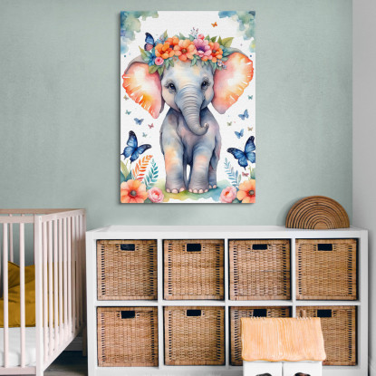 Quadro Per Nursery Decorazione Bimba Cucciolo Di Elefante Con Fiori E Farfalle  banb39 quadro stampato su tela