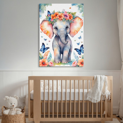 Quadro Per Nursery Decorazione Bimba Cucciolo Di Elefante Con Fiori E Farfalle  banb39 quadro stampato su tela