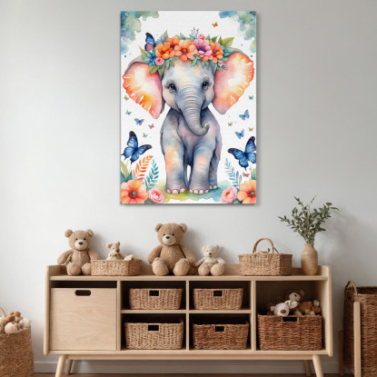 Quadro Per Nursery Decorazione Bimba Cucciolo Di Elefante Con Fiori E Farfalle  banb39 quadro stampato su tela