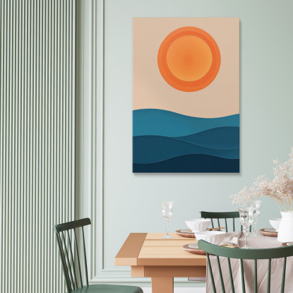 Quadro Boho Chic Minimal Onde Blu Sotto Un Sole Arancione bho21 quadro stampato su tela