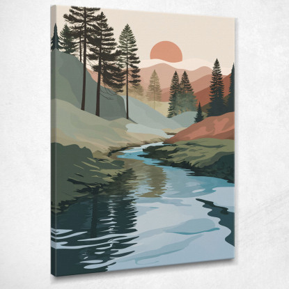 Quadro Boho Chic Minimal Paesaggio Naturale Con Fiume Pini E Montagne  bho25 quadro stampato su tela