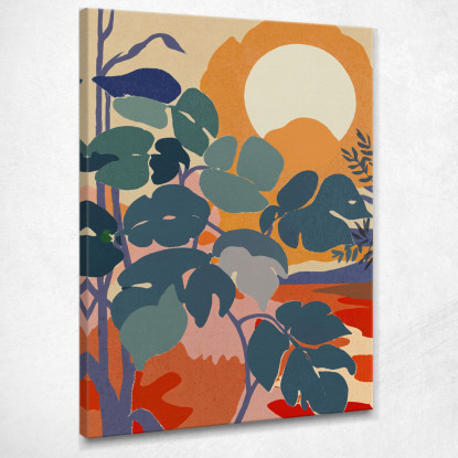 Quadro Boho Chic Minimal Paesaggio Tropicale Con Foglie Verdi E Sole Arancione  bho27 quadro stampato su tela