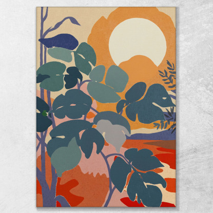 Quadro Boho Chic Minimal Paesaggio Tropicale Con Foglie Verdi E Sole Arancione  bho27 quadro stampato su tela