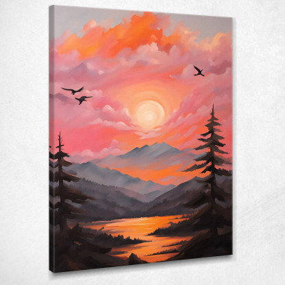 Quadro Boho Chic Minimal Tramonto Sulle Montagne E Sul Fiume Con Nuvole In Rosa E Arancione  bho40 quadro stampato su tela