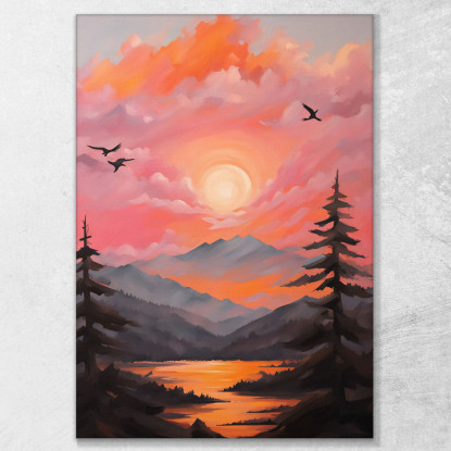 Quadro Boho Chic Minimal Tramonto Sulle Montagne E Sul Fiume Con Nuvole In Rosa E Arancione  bho40 quadro stampato su tela