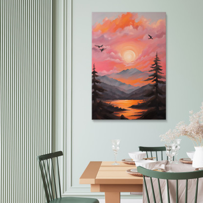 Quadro Boho Chic Minimal Tramonto Sulle Montagne E Sul Fiume Con Nuvole In Rosa E Arancione  bho40 quadro stampato su tela