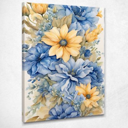 Quadro Botanico Moderno Bouquet Di Fiori Blu E Gialli In Acquerello  btn4 quadro stampato su tela