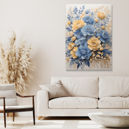 Quadro Botanico Moderno Composizione Floreale Azzurro E Giallo  btn7 quadro stampato su tela