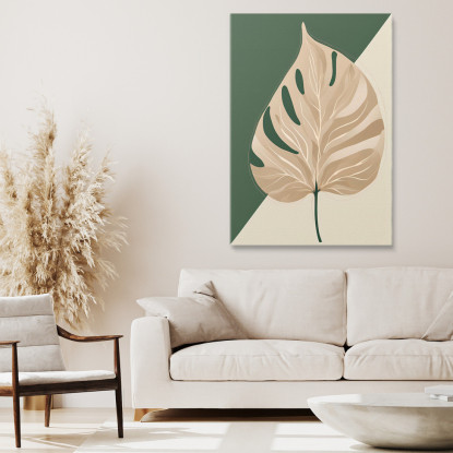 Quadro Botanico Moderno Composizione Minimalista Foglia Solitaria Verde E Beige  btn9 quadro stampato su tela