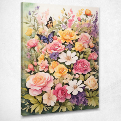 Quadro Botanico Moderno Fiori Colorati E Farfalle In Un Giardino Acquerellato  btn16 quadro stampato su tela