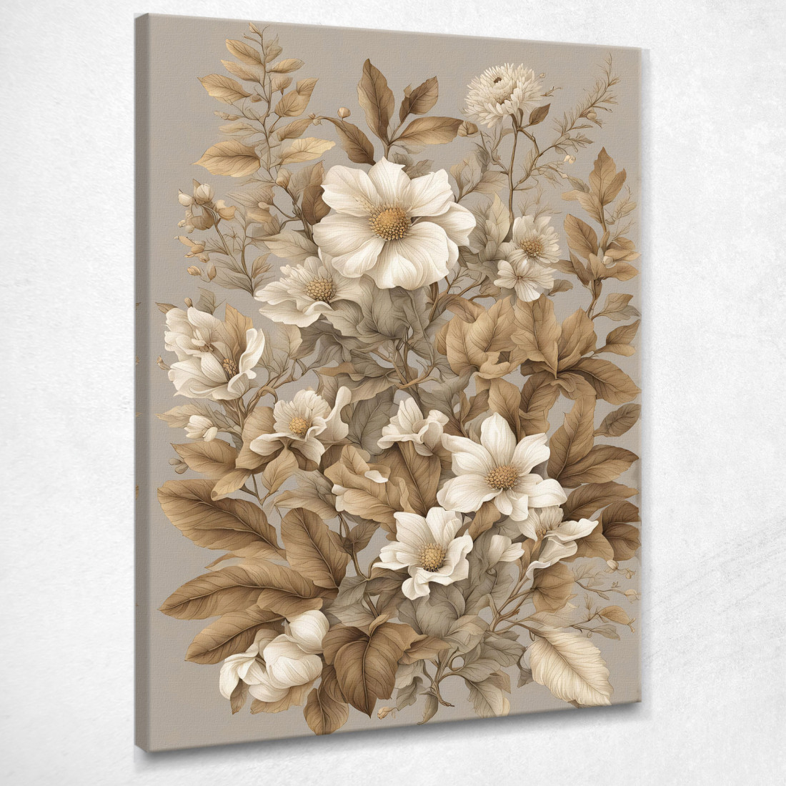 Quadro Botanico Moderno Fiori E Foglie In Sfumature Di Beige  btn17 quadro stampato su tela