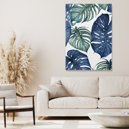 Quadro Botanico Moderno Foglie Di Monstera In Toni Blu E Verdi  btn21 quadro stampato su tela