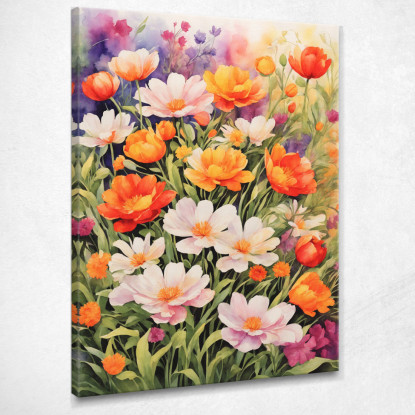 Quadro Botanico Moderno Giardino Di Fiori Acquerellati In Colori Vivaci  btn27 quadro stampato su tela