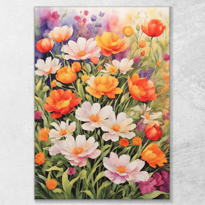 Quadro Botanico Moderno Giardino Di Fiori Acquerellati In Colori Vivaci  btn27 quadro stampato su tela