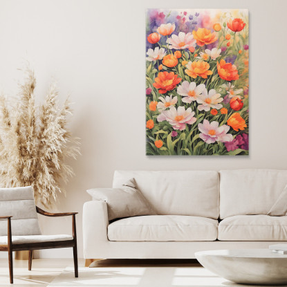 Quadro Botanico Moderno Giardino Di Fiori Acquerellati In Colori Vivaci  btn27 quadro stampato su tela