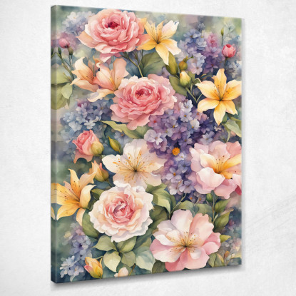 Quadro Botanico Moderno Giardino Fiorito Acquerello Con Rose E Gigli  btn28 quadro stampato su tela