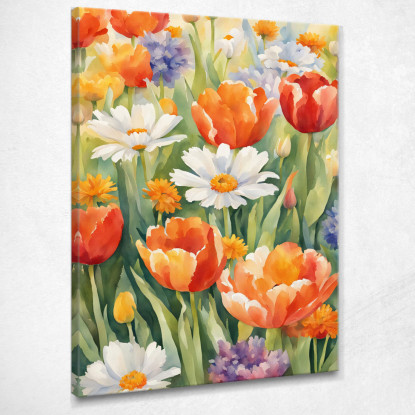 Quadro Botanico Moderno Giardino Fiorito Acquerello Con Tulipani E Margherite  btn29 quadro stampato su tela