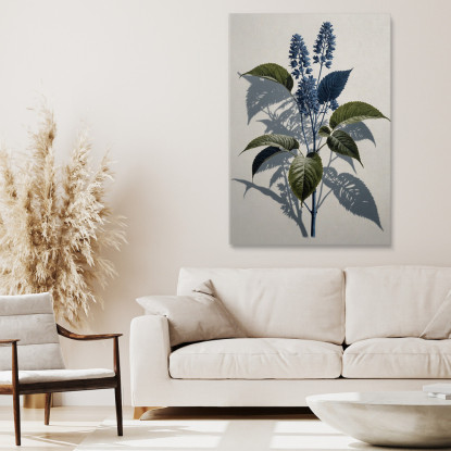 Quadro Botanico Moderno Illustrazione Astratta Foglie Verdi E Fiori Blu  btn31 quadro stampato su tela