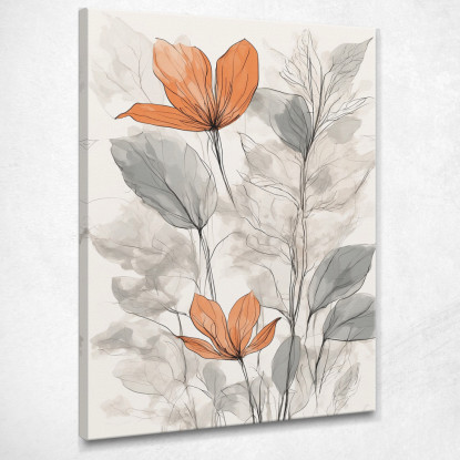 Quadro Botanico Moderno Illustrazione Di Fiori Rossi E Foglie Grigie Astratte  btn33 quadro stampato su tela