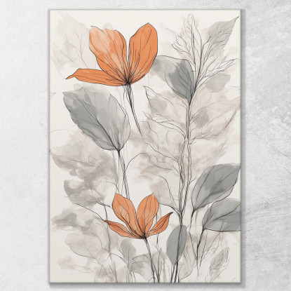 Quadro Botanico Moderno Illustrazione Di Fiori Rossi E Foglie Grigie Astratte  btn33 quadro stampato su tela