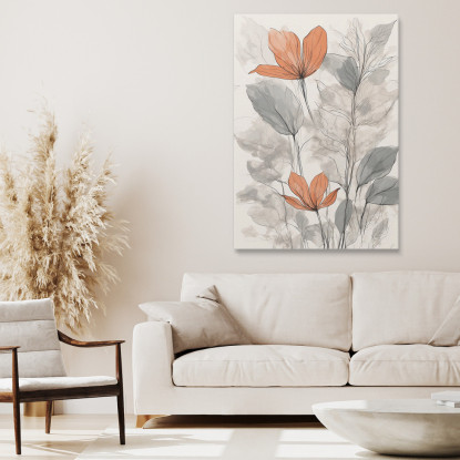 Quadro Botanico Moderno Illustrazione Di Fiori Rossi E Foglie Grigie Astratte  btn33 quadro stampato su tela