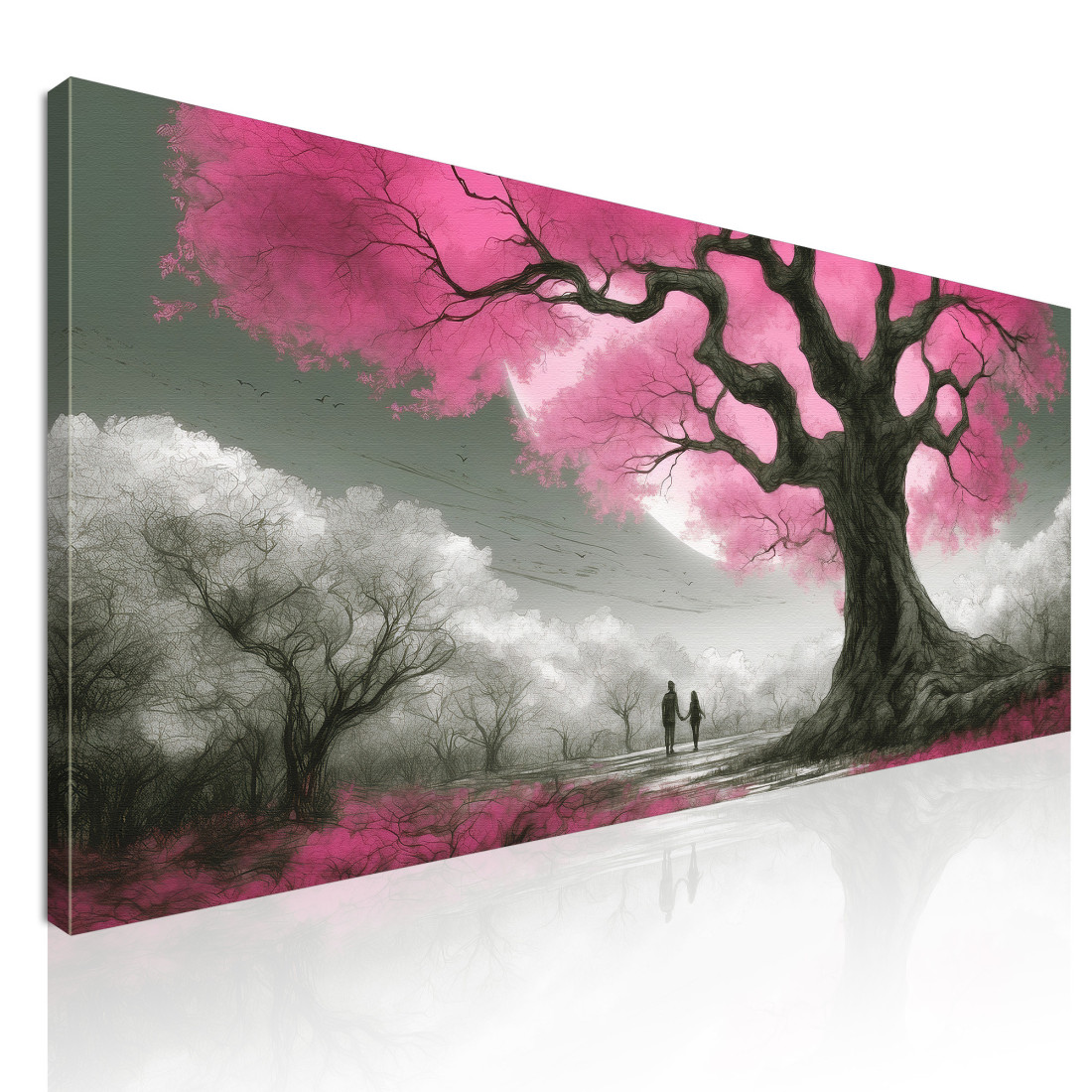 Quadro Botanico Albero Con Fiori Rosa E Coppia Al Tramonto  bow1 quadro stampato su tela