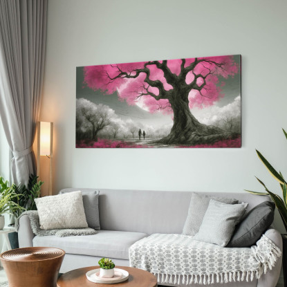 Quadro Botanico Albero Con Fiori Rosa E Coppia Al Tramonto  bow1 quadro stampato su tela