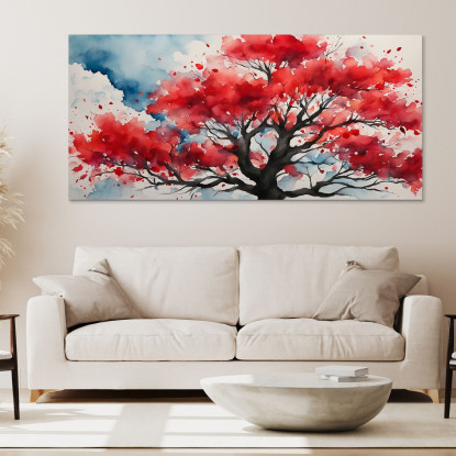 Quadro Botanico Albero Rosso Con Sfondo Acquerello Astratto  bow4 quadro stampato su tela