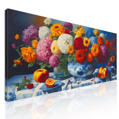 Quadro Botanico Bouquet Di Fiori Colorati E Frutta Fresca In Porcellana Blu  bow6 quadro stampato su tela