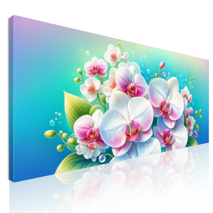 Quadro Botanico Bouquet Di Orchidee Bianche E Rosa Con Gocce D'Acqua  bow7 quadro stampato su tela