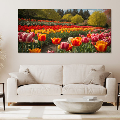 Quadro Botanico Campo Di Tulipani Colorati In Primavera  bow12 quadro stampato su tela