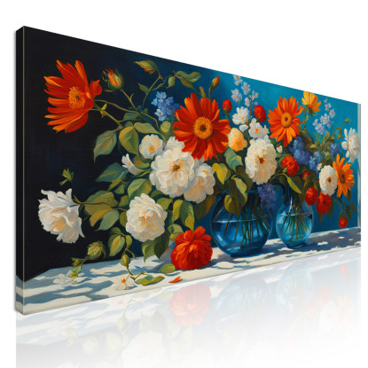 Quadro Botanico Composizione Di Fiori Vivaci In Vasi Di Vetro Blu  bow13 quadro stampato su tela