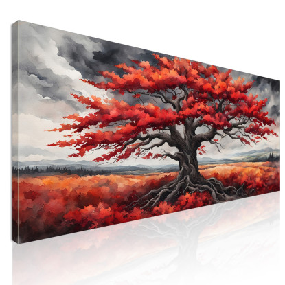 Quadro Botanico Grande Albero Con Foglie Rosse Su Sfondo Di Cielo Grigio  bow18 quadro stampato su tela