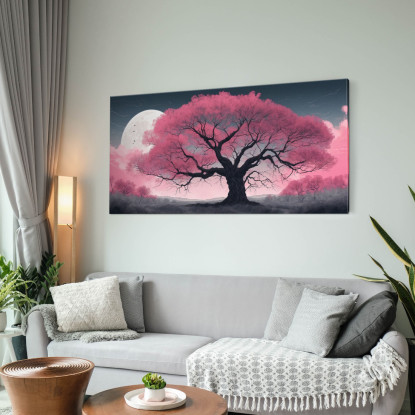 Quadro Botanico Grande Albero Rosa Illuminato Dalla Luna  bow19 quadro stampato su tela