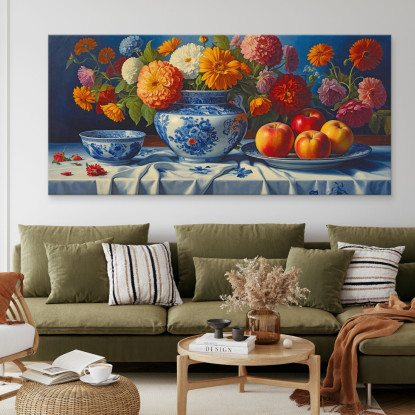 Quadro Botanico Natura Morta Con Fiori Colorati E Mele In Vaso Di Porcellana  bow20 quadro stampato su tela