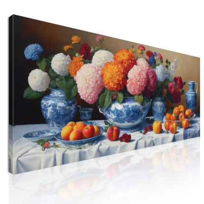 Quadro Botanico Natura Morta Con Fiori E Frutta In Vasi Di Porcellana Blu  bow21 quadro stampato su tela