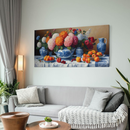 Quadro Botanico Natura Morta Con Fiori E Frutta In Vasi Di Porcellana Blu  bow21 quadro stampato su tela