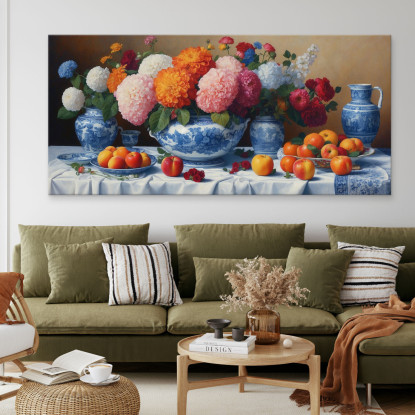 Quadro Botanico Natura Morta Con Fiori E Frutta In Vasi Di Porcellana Blu  bow21 quadro stampato su tela