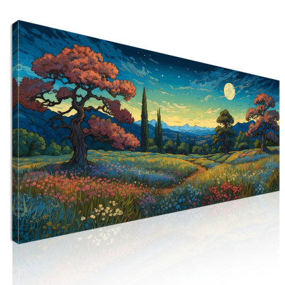 Quadro Botanico Notte Stellata Sopra Un Campo Di Fiori Colorati  bow22 quadro stampato su tela