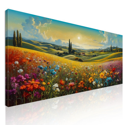 Quadro Botanico Paesaggio Di Campo Fiorito Al Tramonto  bow27 quadro stampato su tela