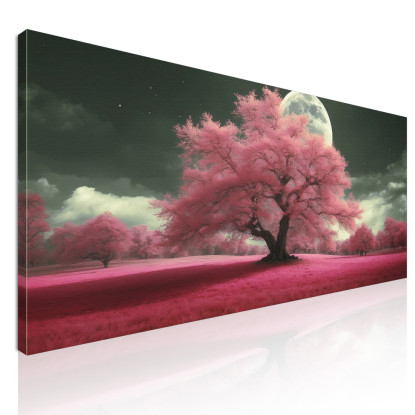 Quadro Botanico Paesaggio Notturno Con Alberi Rosa E Luna Piena Fantasy  bow29 quadro stampato su tela