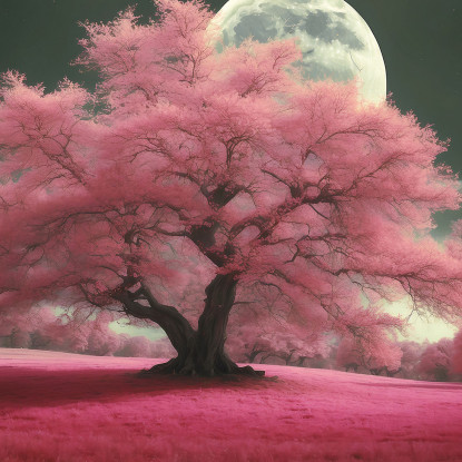 Quadro Botanico Paesaggio Notturno Con Alberi Rosa E Luna Piena Fantasy  bow29 quadro stampato su tela