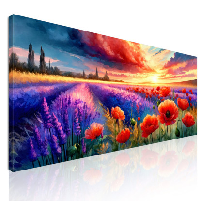 Quadro Botanico Papaveri E Lavanda Al Tramonto  bow32 quadro stampato su tela