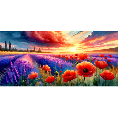 Quadro Botanico Papaveri E Lavanda Al Tramonto  bow32 quadro stampato su tela