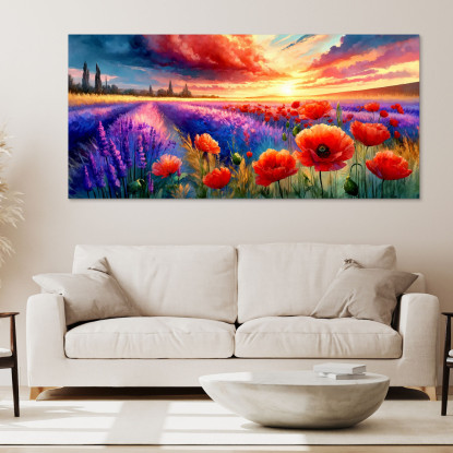 Quadro Botanico Papaveri E Lavanda Al Tramonto  bow32 quadro stampato su tela