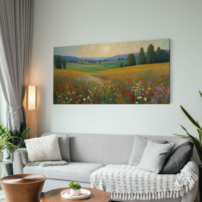 Quadro Botanico Tramonto Dorato Su Campo Fiorito  bow40 quadro stampato su tela