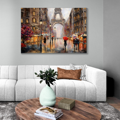 Quadro Moderno Città Astratto Atmosfera Piovosa A Parigi Con Torre Eiffel E Ombrelli Colorati  ct1 quadro stampato su tela